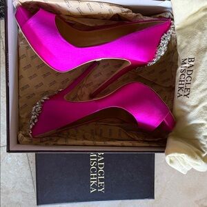 Badgley Mischka Fuchsia Satin Heels with Crystal Embellishments